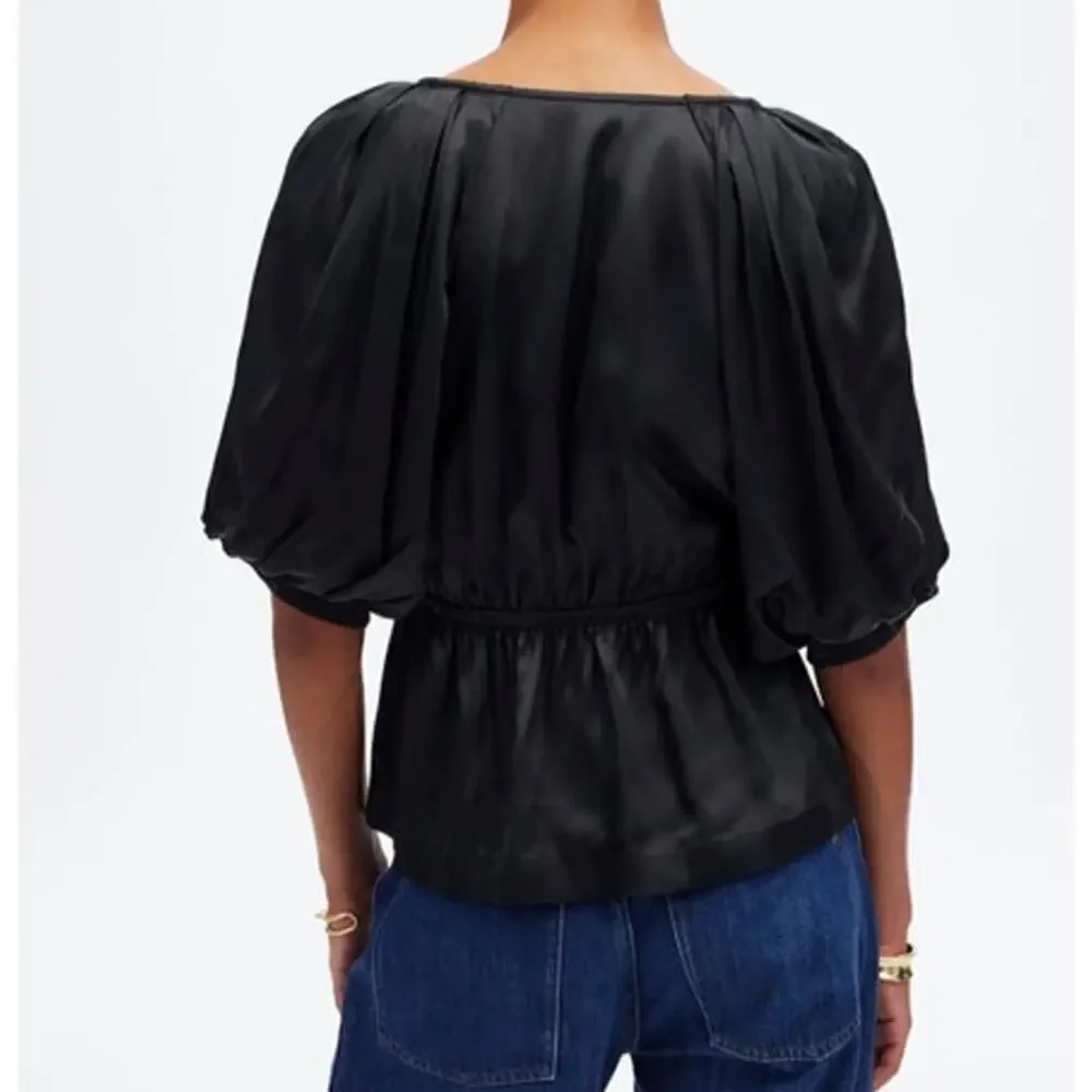 Madewell Shirred Top Satin Puff Sleeve Black NWT XS